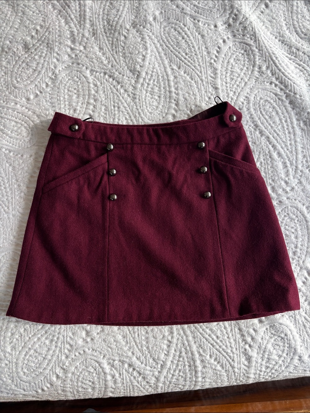 Topshop Wool Blend Maroon Miniskirt with Pockets and Button Detail Size 8